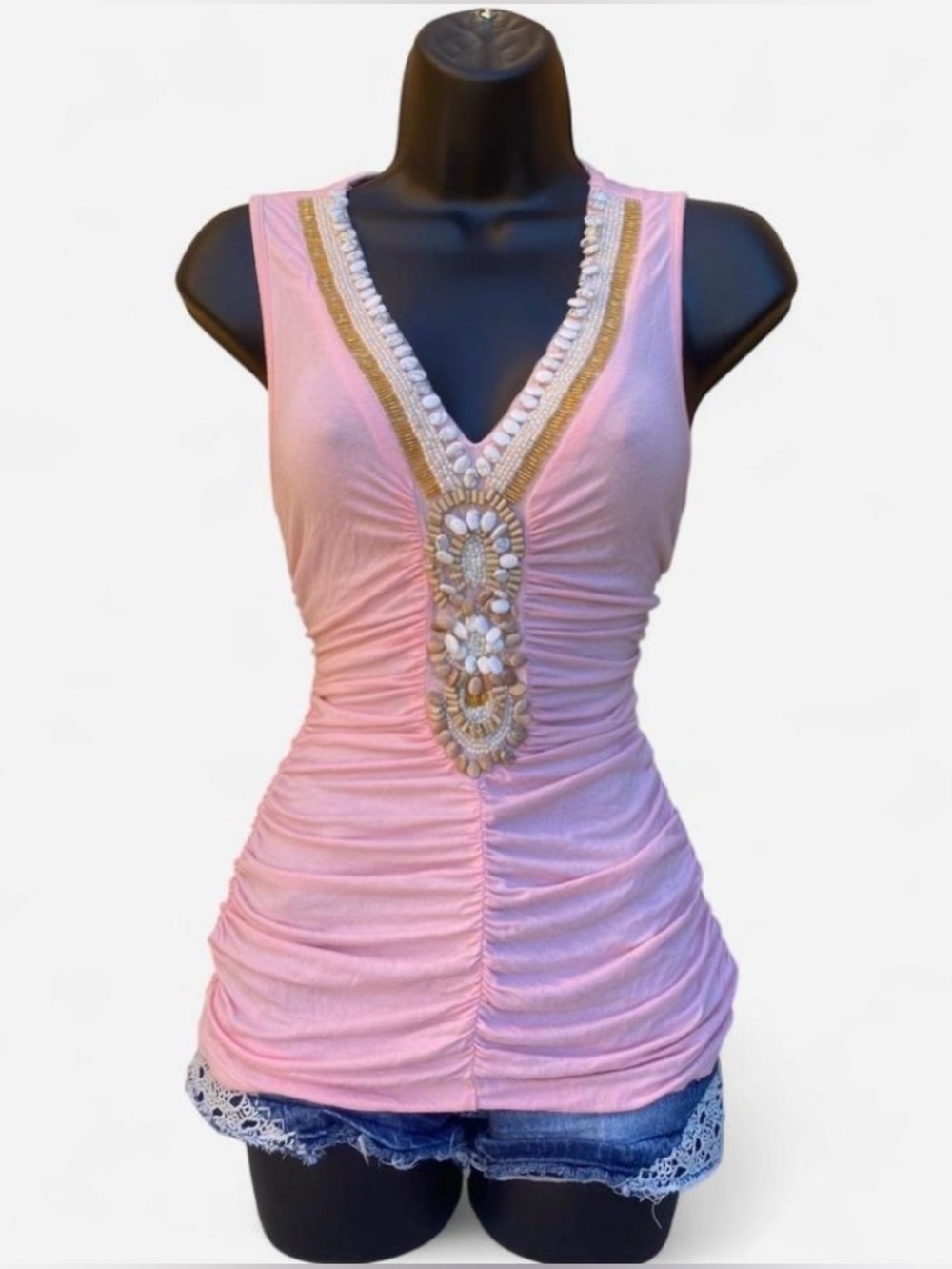 Y2k Baby Pink Ruched Beaded Fitted Tank Top